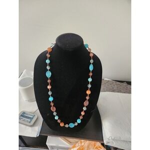 Beaded Necklace Blue Brown Orange Gold Accents Womens Jewelry